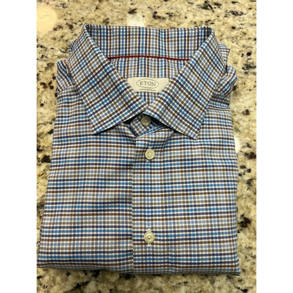 Eton Contemporary Fit Dress Shirt Blue Brown Micro Check Plaid Mens 17.5 44
